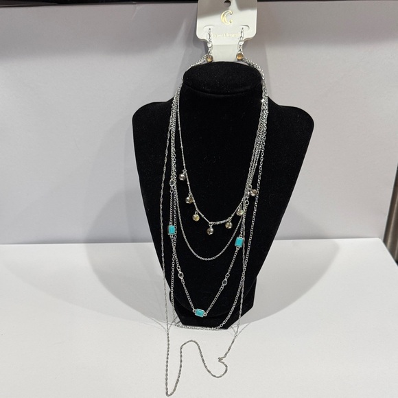 C Jewelry - C Silver Tone multi strand layered Necklace with Turquoise and Jasper Accents